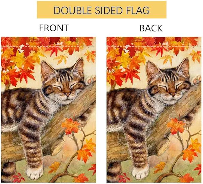 BLKWHT Fall Cat Garden Flag 12x18 Vertical Double Sided Autumn Leaves Thanksgiving Holiday Outside Decorations Burlap Yard Flag BW699 by GreenHaven Gardens