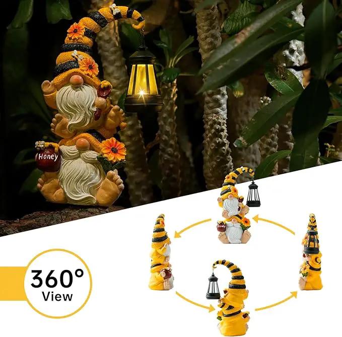 Solar Bee Garden Gnomes with LED Lantern – Waterproof Stacked Outdoor Decor for Yard, Patio – Unique Gnome Gift for Mom, Grandma, Women (Weatherproof Resin Outdoor Statues) by GreenHaven Gardens