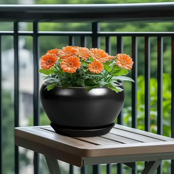 Ceramic Pot for Plants - 11 Inch Plant Pot Indoor with Drainage Hole and Saucer Large Planter Decorative Planter Modern Outdoor Flower Pot for House Balcony Black by GreenHaven Gardens