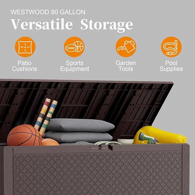 90 Gallon Resin Deck Box, Weatherproof Outdoor Storage Box for Patio, Garden, Pool, and Yard, Lockable Waterproof Bin for Tools, Cushions, and Accessories, Brown by GreenHaven Gardens
