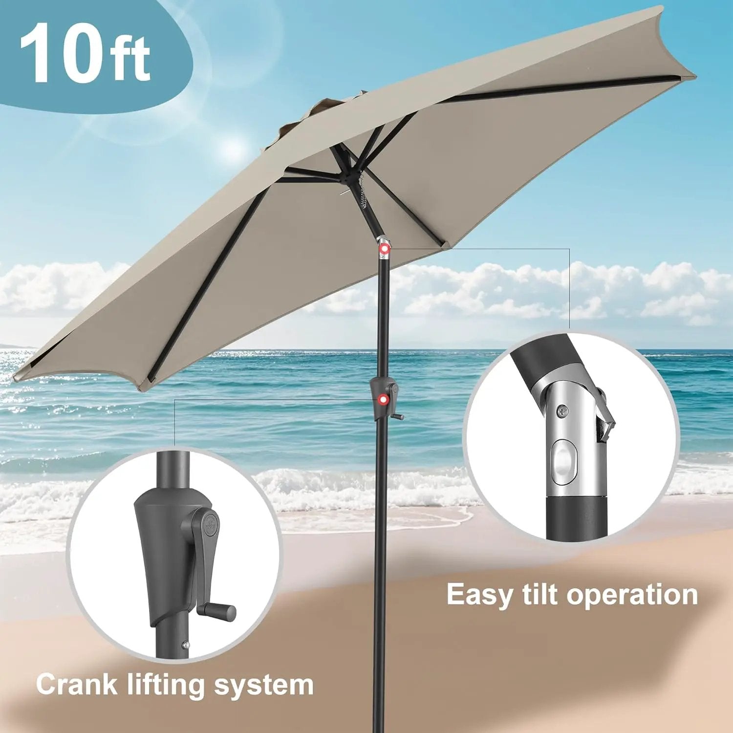 FLAME&SHADE 10ft Patio Umbrella - Outdoor Umbrella with 6 Sturdy Ribs, Push Button Tilt and Crank, UV Protection Table Market Umbrella for Pool, Porch，Garden, Deck, Backyard (Taupe) by GreenHaven Gardens