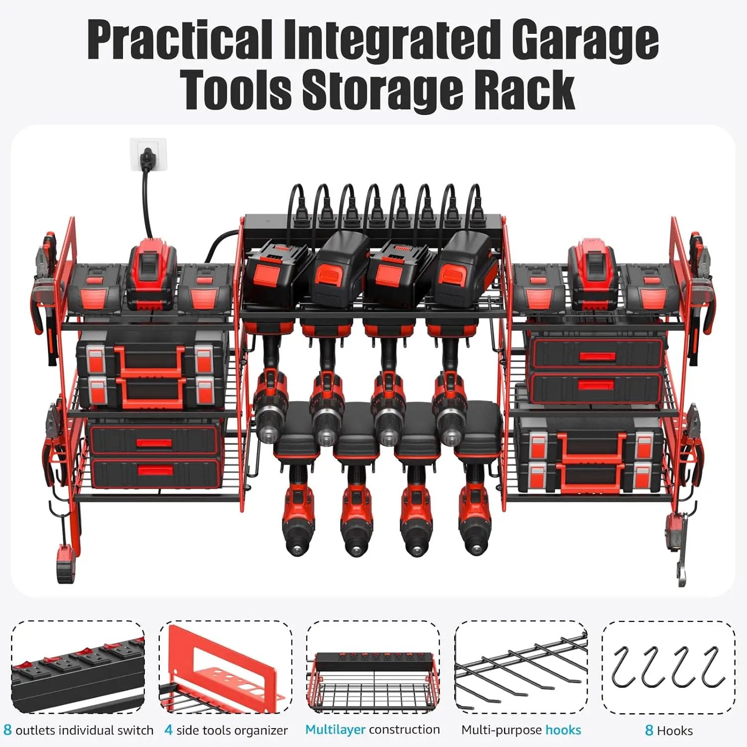 CCCEI Red Power Tool Organizer Wall Mount, Large Tools and Battery Storage Rack Charging Station Individual Switches. Drills Holder, Garage Utility Shelves with 6FT Power Strip. Gift for Men. by GreenHaven Gardens
