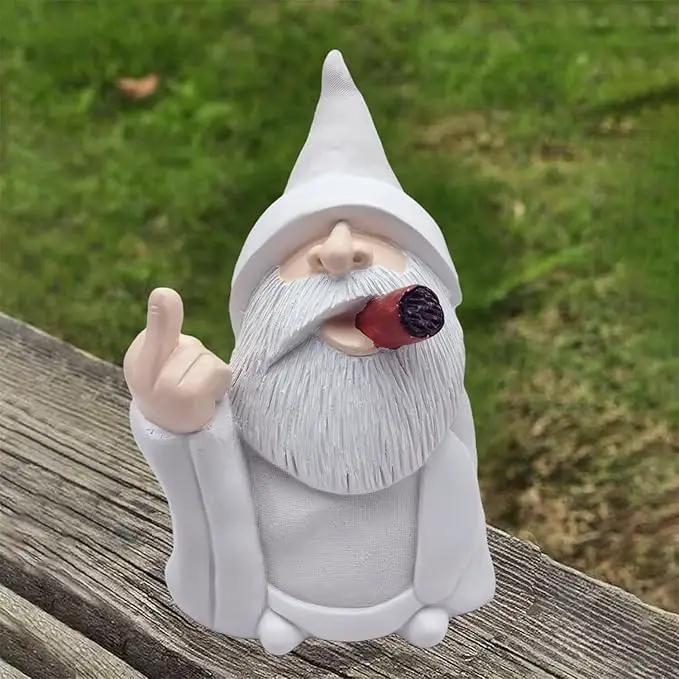 MINICAR 8'' H Funny Middle Finger Gnomes Statues Outdoor Decor, Naughty Smoking Wizard Sculptures Garden Yard Lawn Decorations, Unique Paintable Gifts by GreenHaven Gardens