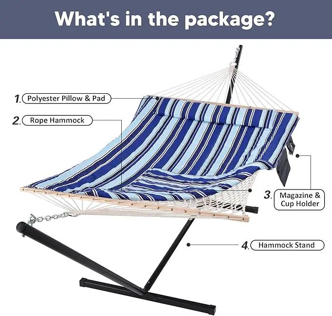 SUNCREAT Double Hammock with Stand, Two Person Cotton Rope Hammock, Blue Stripe by GreenHaven Gardens