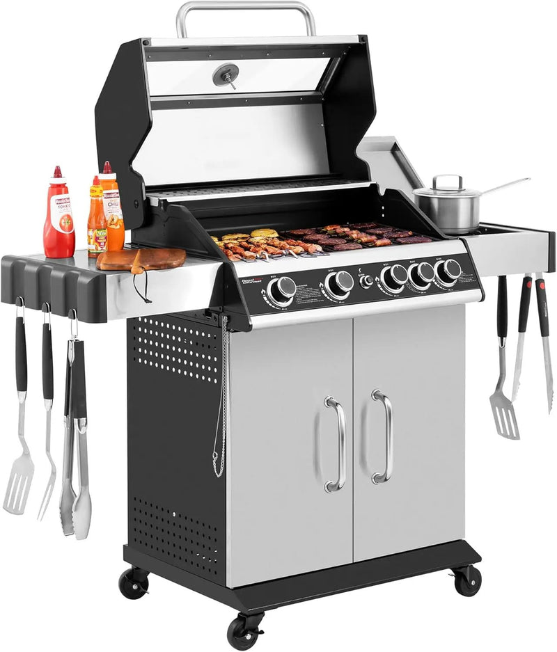 4-Burner Propane Gas Grill with Side Burner, Cabinet Style Grill with Glass Viewing Window, Porcelain-enameled Cast Iron Grate & Stainless Steel Warming Rack, Silver, SG5003S-SC by GreenHaven Gardens