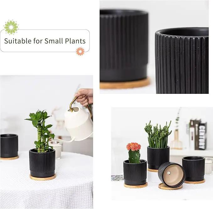 AOMRYOM 4.25 Inch Small Garden Ceramic Plant Pots with Drainage Holes and Tray, Modern Flower Planter Pots for Indoor Plants, Succulent, Cactus and Herbs, Black Stripe, Set of 4 (Plant Not Included) by GreenHaven Gardens