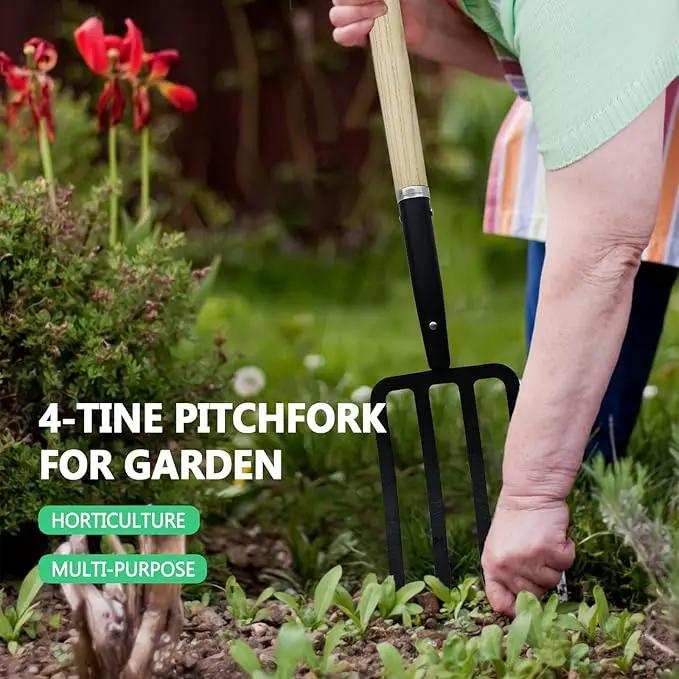 Garden Fork,4-Tine Pitchfork,Spading Digging Fork,Forged Steel Y-Grip, Wood Handle,45Inch by GreenHaven Gardens