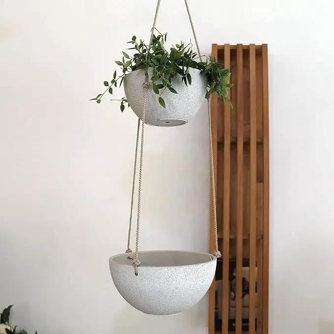 LA JOLIE MUSE 2 Tier Hanging Planters for Indoor & Outdoor Plants - Modern Flower Pots with Rope, Garden Planters with Drain Holes, Speckled White by GreenHaven Gardens