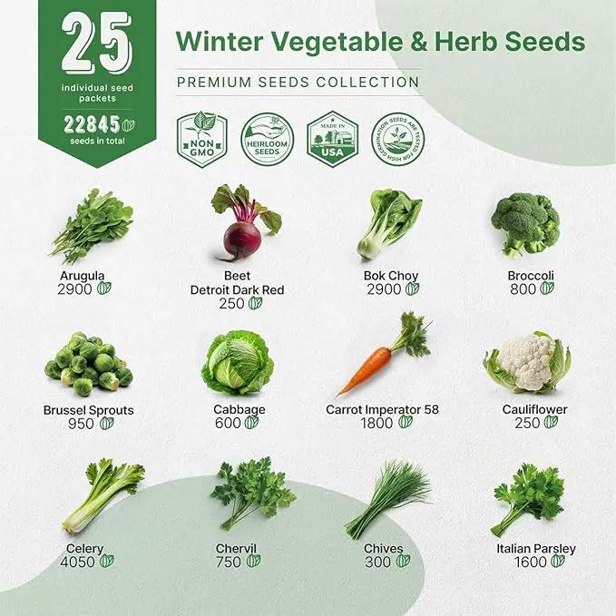Organo Republic 25 Winter Vegetable & Herb Garden Seeds Variety Pack for Outdoors & Indoor Home Gardening 22,840+ Non-GMO Heirloom Seeds Broccoli Beet Carrot Cabbage Radish Pea Mint Thyme Parsley by GreenHaven Gardens