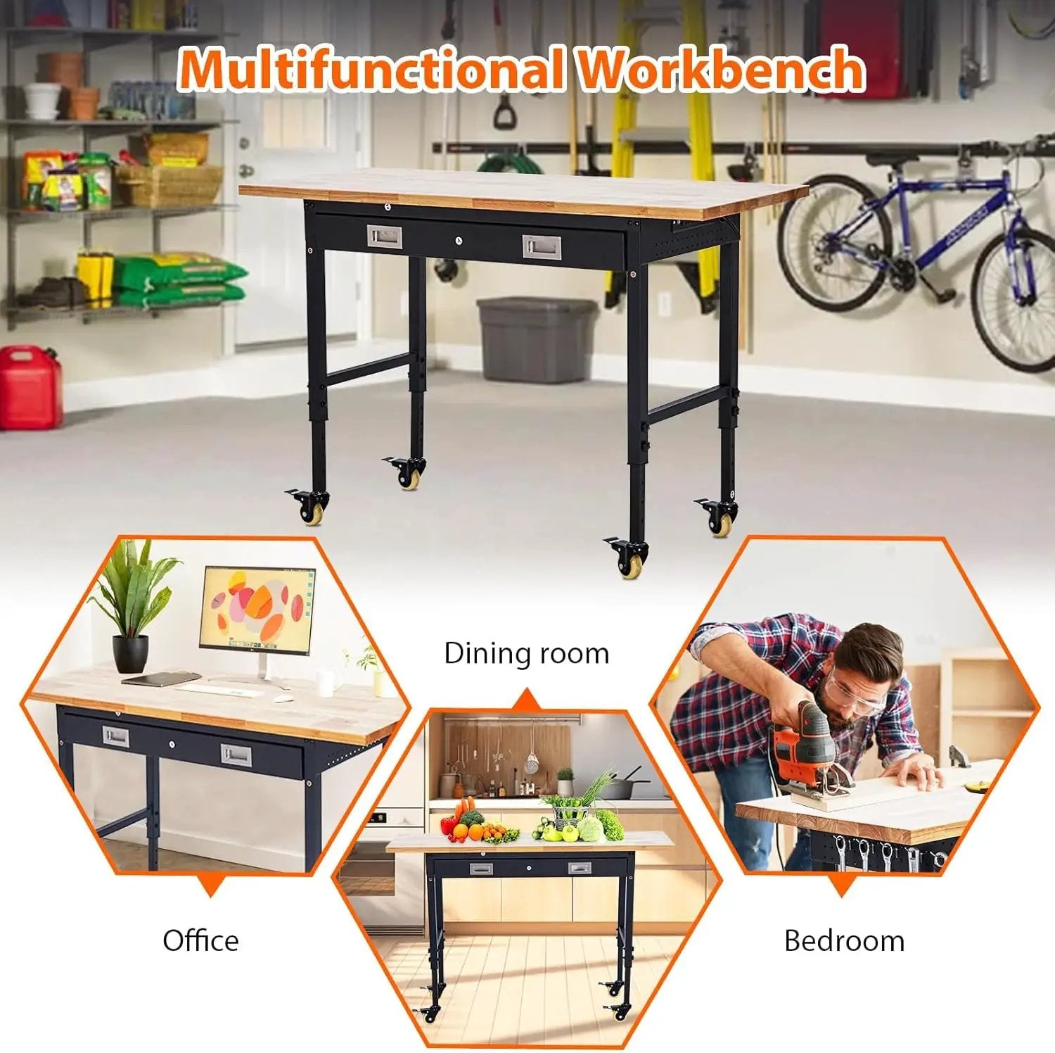 60'' Adjustable Workbench, Heavy Duty Workbench with Drawer, Power Outlet and Lockable Wheels, 2000 LBS Capacity, Work Table Suitable for Office, Garage, Workshop by GreenHaven Gardens