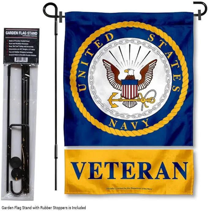 WinCraft Navy Veteran Garden Flag with Stand Holder by GreenHaven Gardens