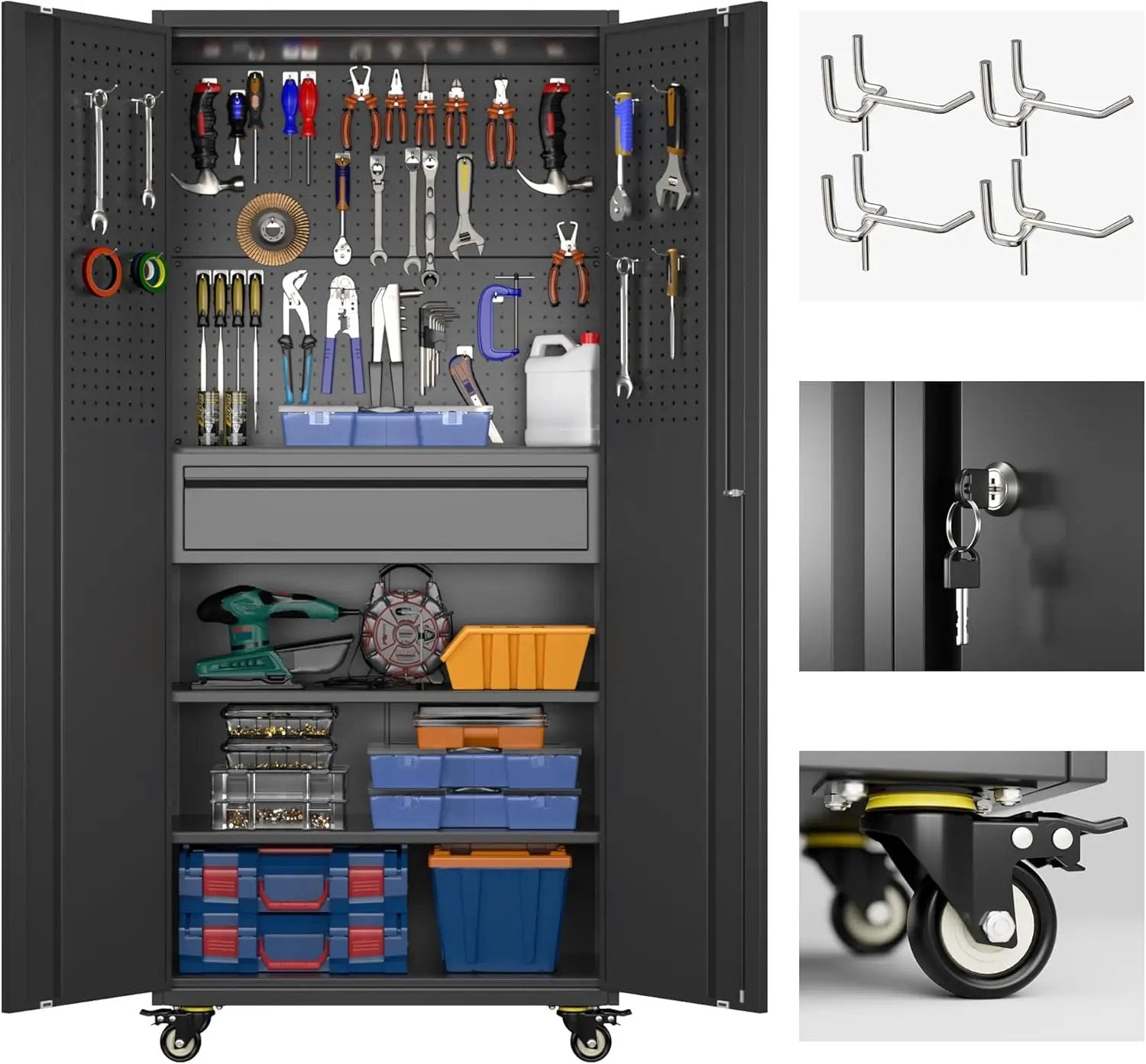 Aobabo Metal Storage Cabinet with Wheels and Adjustable Pegboard, Steel Rolling Tool Cabinet with 16 Hooks and 1 Interior Drawers for Garage, Home, Office, Kitchen, Black, Assembly Required by GreenHaven Gardens