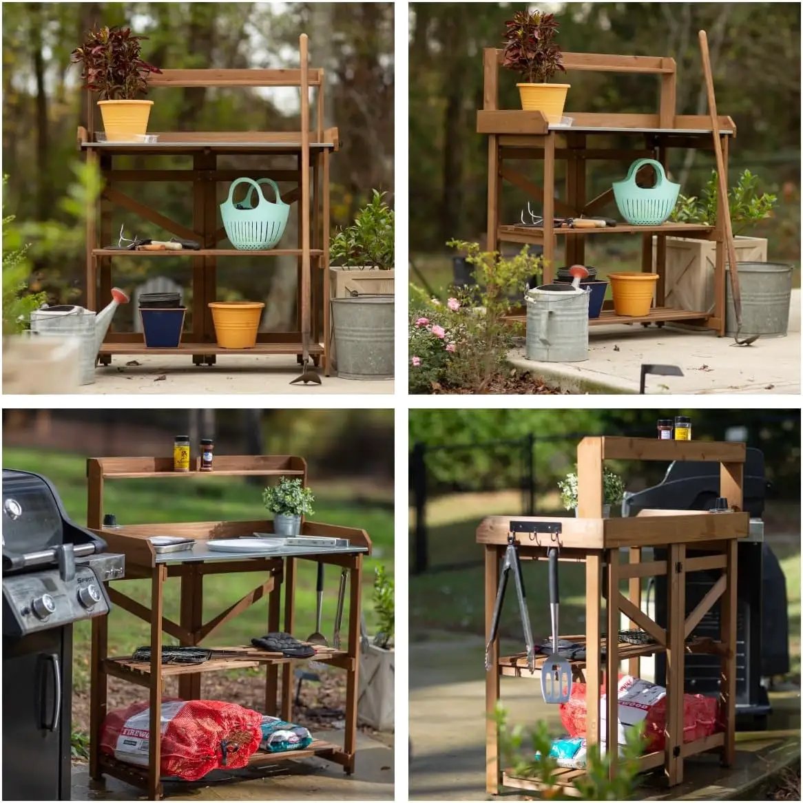 Folding Garden Potting Bench Table，Outdoor Wooden Work Station W/Metal Table Top,2 Tier Open Storage Rack,Top Shelf-Natural Stained by GreenHaven Gardens