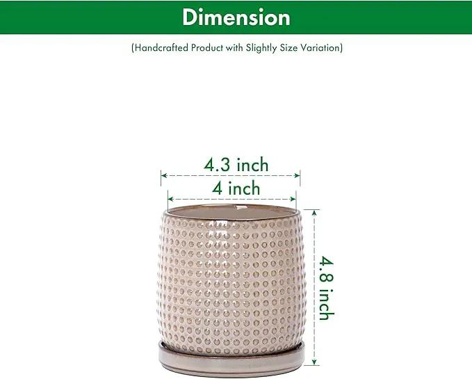 D'vine Dev 4 Inch Ceramic Beaded Stoneware Planter Pot - Flower Pot with Drainage Holes and Saucers for Indoor Succulent Plants or Flowers, Light Brown, 27-C-Z-4 by GreenHaven Gardens