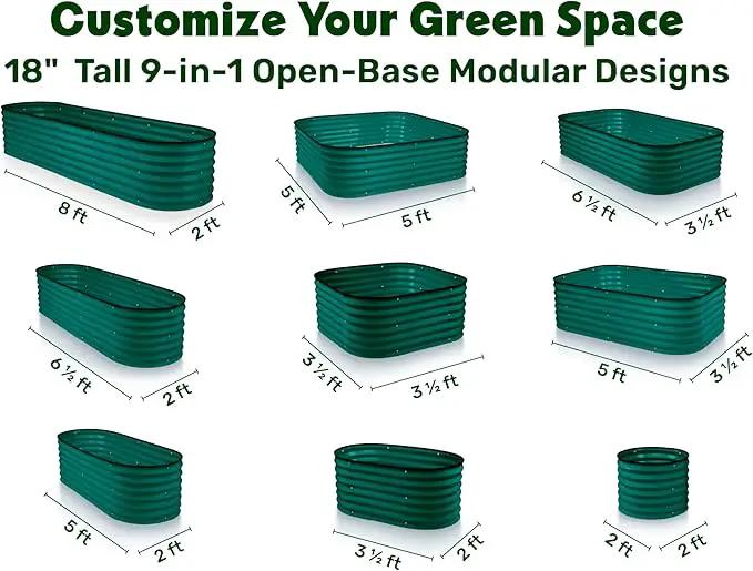 9-in-1 Galvanized Steel Raised Garden Bed // 8×2×1.5 ft Modular Planter for Gardening, Vegetables, Flowers // 18" Tall Metal Raised Garden Beds Outdoor (Dark Green) // Patented Design Planter Box by GreenHaven Gardens