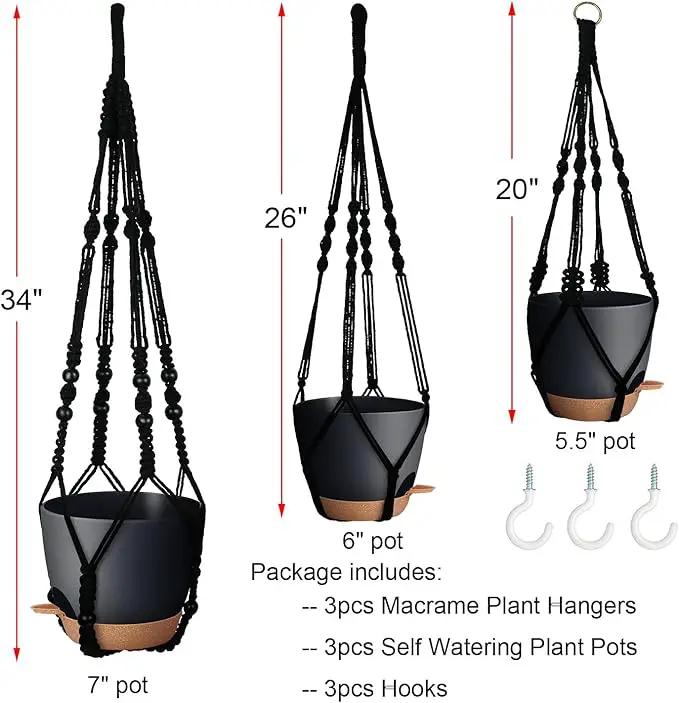 3 Pack Self Watering Hanging Planters Macrame Plant Hangers with Indoor Flower Pots, 3 Different Size Hanging Basket, Plant Hanger with Hooks for Garden Home Decor Black by GreenHaven Gardens