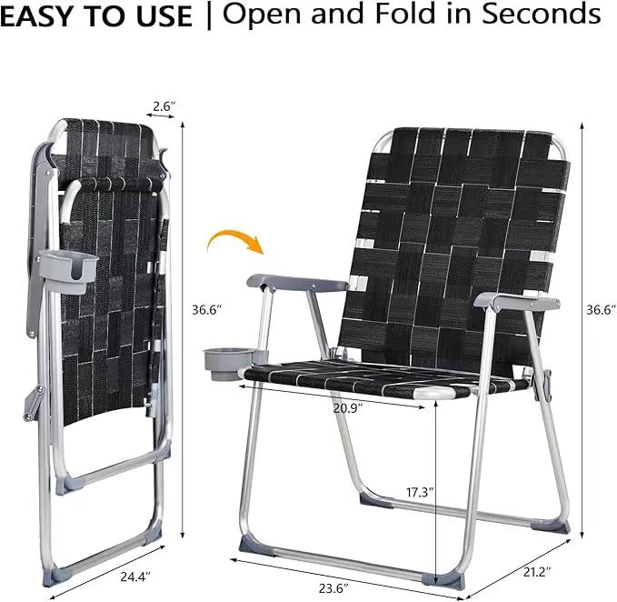 VINGLI Aluminum Oversize Patio Lawn Chairs Folding Set of 2 with Detachable Cup Holder, Webbed Beach Chair Folding Chair Outdoor Portable Camping Chair for Yard, Garden by GreenHaven Gardens