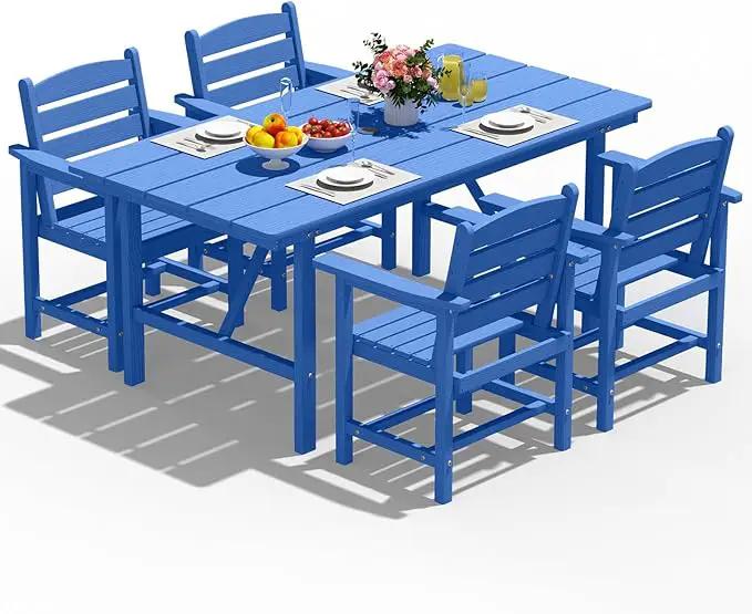 Patio Dining Set for 4 with Umbrella Hole - 66" Outdoor Table & 4 Chairs, All-Weather HDPE Outdoor Furniture for Lawn, Garden, Backyard, Poolside, Navy by GreenHaven Gardens