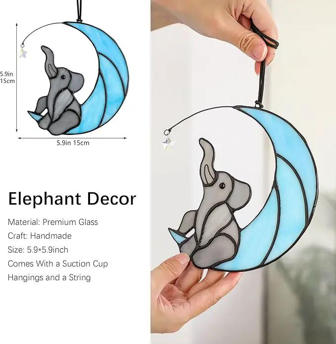 HDCRYSTALGIFTS Glass Elephant Ornament Stained Glass Window Hanging Decor, Modern Design Elephant on Moon with Star Collectibles Handcrafted Sun Catcher Gifts for Birthday Women by GreenHaven Gardens