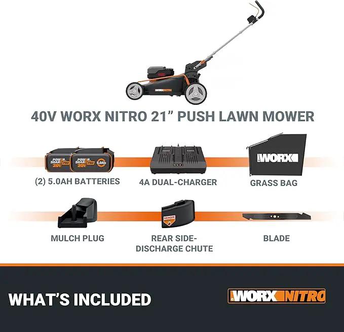 WORX Nitro 40V 21" Cordless Lawn Mower w/Aerodeck & Intellicut, Brushless Electric Mower Up to 1/2 Acre, Push Lawn Mower w/ 7-Position Height Adjustment WG752 – Batteries & Charger Included by GreenHaven Gardens