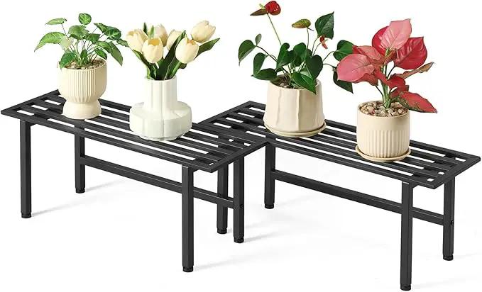 2 Pack Metal Plant Stand Outdoor Plant Shelf Indoor,1 Tier Heavy Duty Plant Stands for Multiple Plants,26" L x 10.12" H x 8.75" W,Black by GreenHaven Gardens