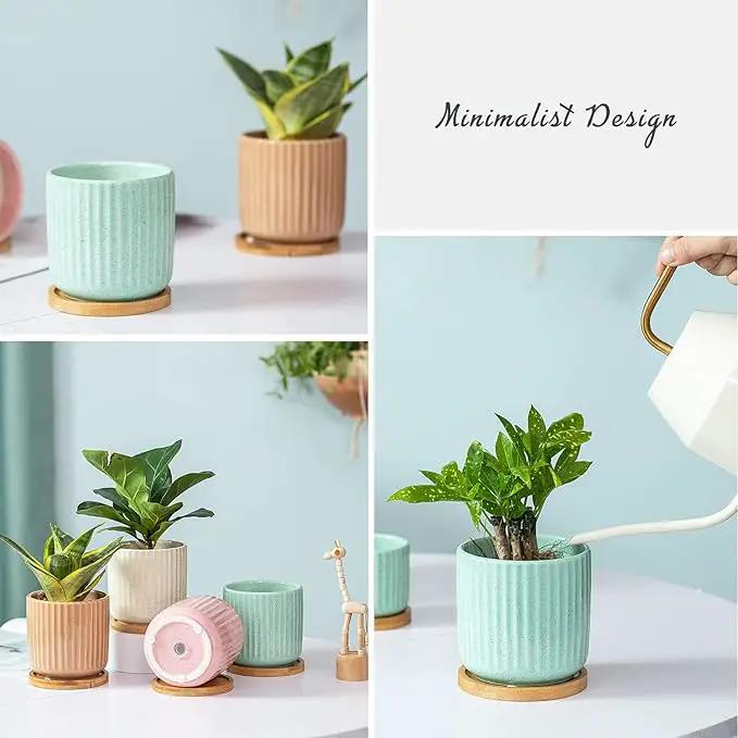TAMAYKIM 4 Inch Cylinder Ceramic Boho Plant Pots with Drainage Hole and Saucer, Glazed Multicolor Flower Pots for Succulent, Snake Plant, Cactus and Herbs, Set of 4 (Plant Not Included) by GreenHaven Gardens