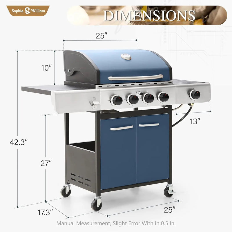 Sophia & William 4-Burner Gas BBQ Grill with Side Burner and Porcelain-Enameled Cast Iron Grates, 42,000BTU Propane Grills Outdoor Cooking Barbecue Cabinet Style, Blue by GreenHaven Gardens