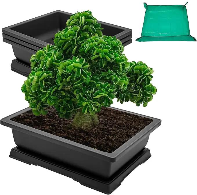 GROWNEER Large Bonsai Training Pots 3 Packs 14 Inch with Drainage Humidity Trays, Bonsai Tree Starter Kits with 1 Repotting Mat, Growing Rectangle Planter for Garden Yard Office Indoor Outdoor by GreenHaven Gardens