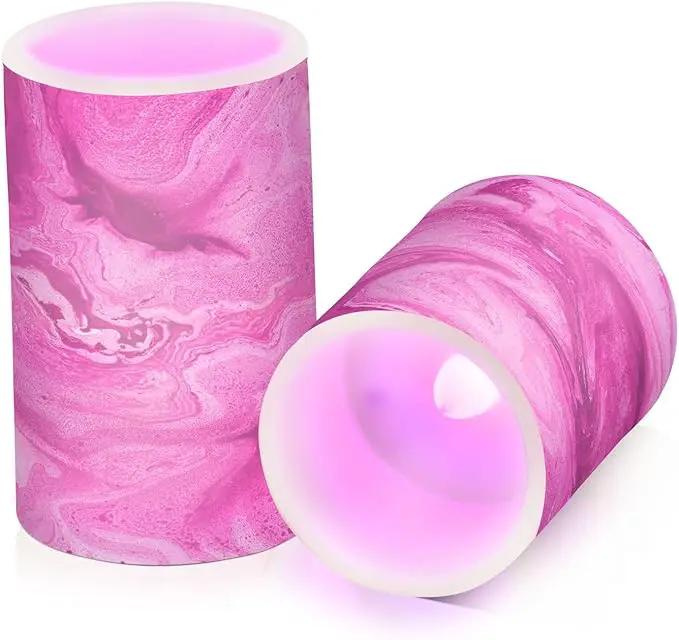 Flickering Flameless Candles, Pink Fuchsia Marble LED Candles with Remote Timer, Set of 2 Battery Operated Candle for Valentine Wedding Birthday by GreenHaven Gardens