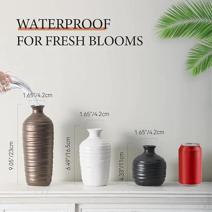 Ceramic Vase Set of 3 Neutral Decorative Vase for Farmhouse, Boho, or Rustic Home Decor Pottery Vases for Living Room Bathroom Table Mantel Fireplace Entryway Shelf (01-Metallic) by GreenHaven Gardens