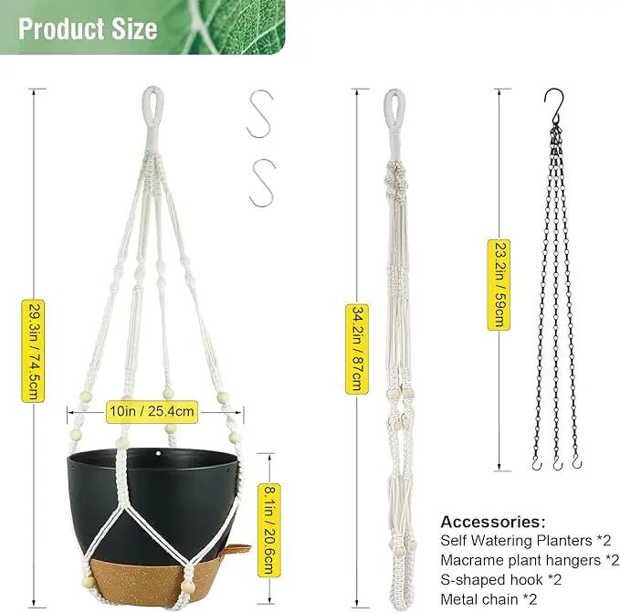 Self Watering Hanging Planters 10 inch, 2 Pack Hanging Flower Pots for Indoor Outdoor Plants, Hanging Baskets with Drainage Holes & 2 Kinds of Plant Hangers for Garden Home Decor, Black Brown by GreenHaven Gardens