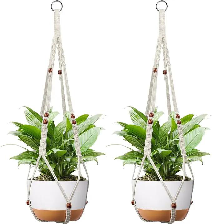 43 Inch Macrame Plant Hanger - Fits 6-15 Inch Pots, Extra Long Hanging Planter Holder for Indoor Outdoor, with Red Wood Beads, Boho Home Decor, 2 Pack, Ivory (POTS NOT Included) by GreenHaven Gardens