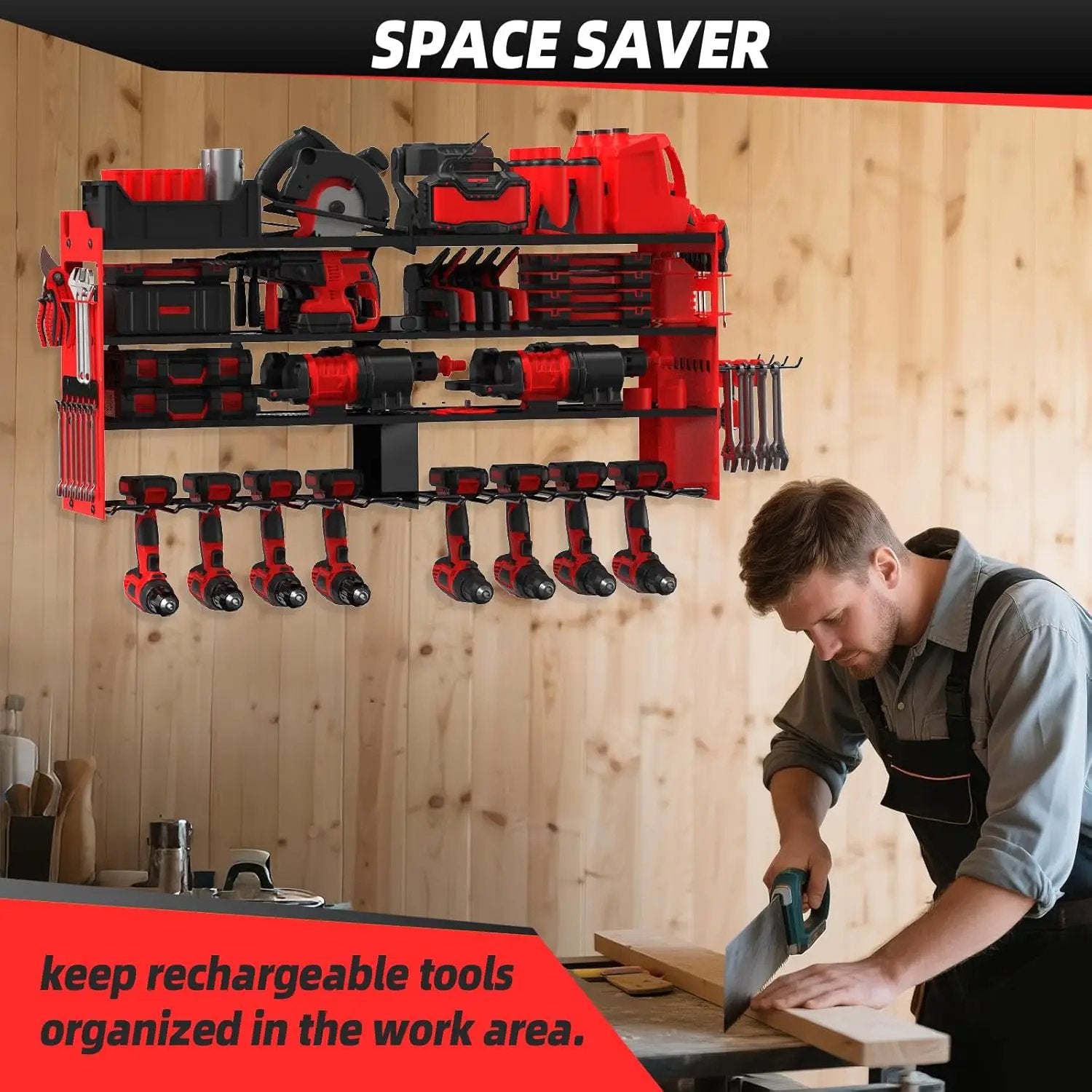Power Tool Organizer Wall Mount with 8-Drill Holders-400Lbs Load Heavy Duty Metal 4-Layers Garage Storage & Organization Battery Tools Rack with Side Panels Utility Racks Workshop Gifts for Men by GreenHaven Gardens