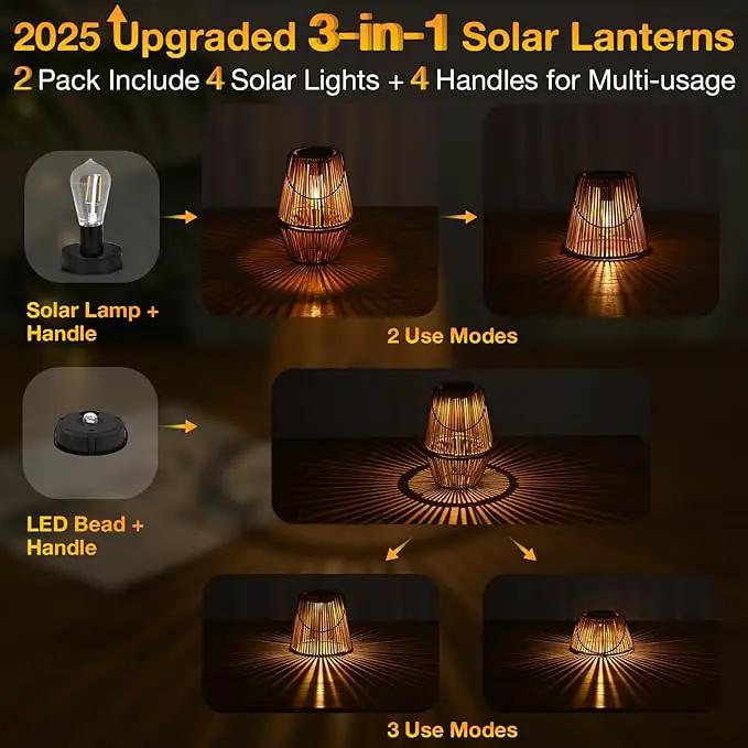 Uspring 2 Pack 3-in-1 Solar Lanterns Outdoor Waterproof Rattan Woven Hanging Solar Lights for Outside with Bright Lamp & LED Bead & 4 Handles, Garden Gifts Decor for Women Mom Patio Yard Porch by GreenHaven Gardens