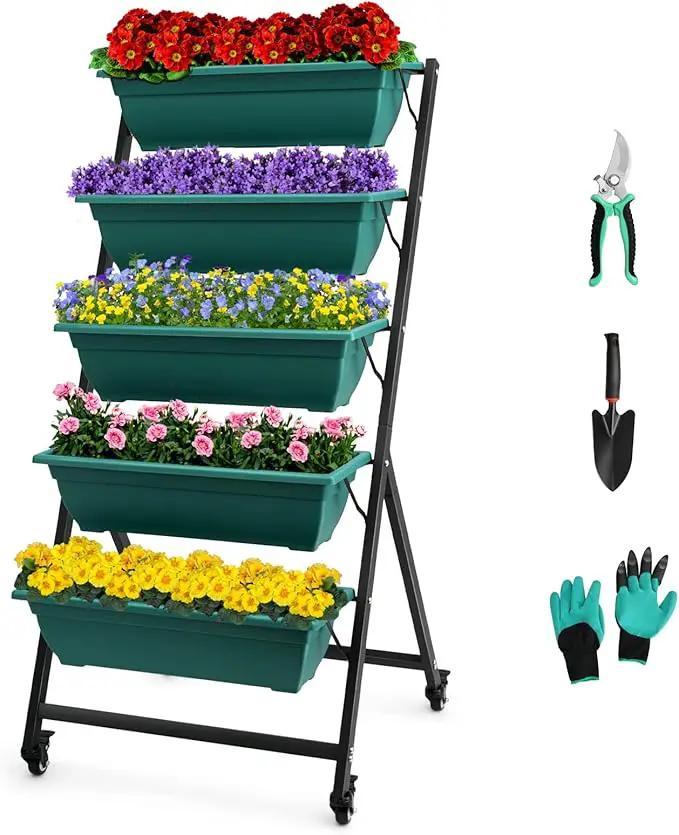 EDOSTORY 4.5 FT Height Vertical Garden Planter Removable Pale Green Raised Bed Box with 5 Container Boxes,Digging Claw Gloves,Trowel,Purning Shears for Outdoor Vegetables Flowers by GreenHaven Gardens