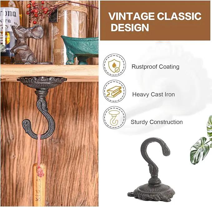 Sungmor Heavy Duty Ceiling Hooks for Hanging Plants, 2PC Black 3.5x3.9Inch Large Cast Iron Ceiling Hooks, Antique Decorative Ceiling Swag Hooks for Hanging Planter Chandelier Wind Chime Lantern Hanger by GreenHaven Gardens