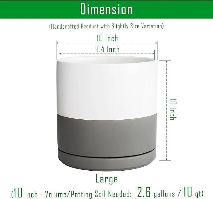D'vine Dev 10 Inch Ceramic Planter Pot with Drainage Hole and Saucer, Indoor Cylinder Round Planter Pot, White/Speckled Grey, 94-O-E-6 by GreenHaven Gardens