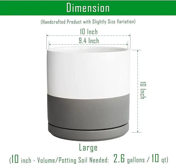 D'vine Dev Set of 2 Plants Pots, 10 Inch Ceramic Planter Pot for Plants with Drainage Hole and Saucer, White/Speckled Grey, 94-V-E-6 by GreenHaven Gardens
