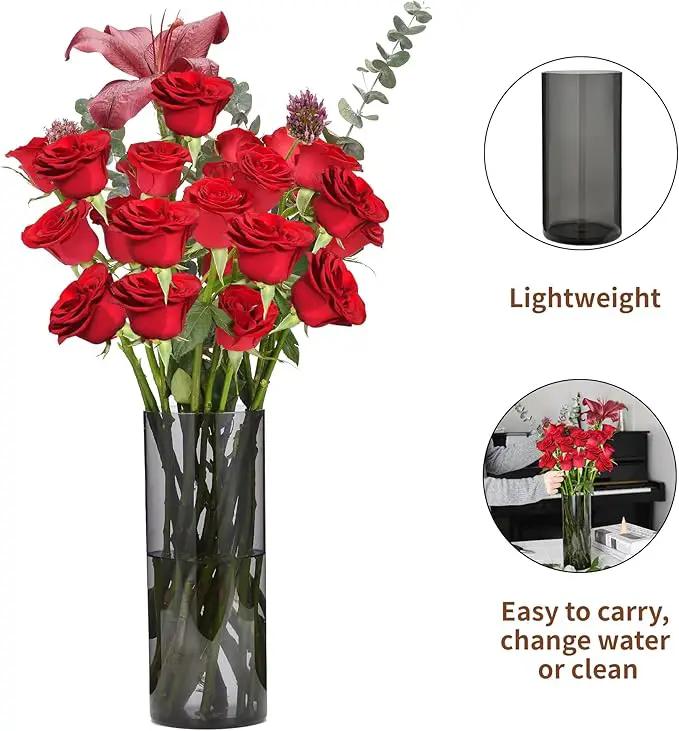 Flower Vase, Non-breakable Vases, 4" W x 12" H, Acrylic Grey Vase, Aesthetic Room Decor Cylindrical Modern Flower Vases for Table Centerpiece, Home Decor, Women Floral Arrangement Gift by GreenHaven Gardens