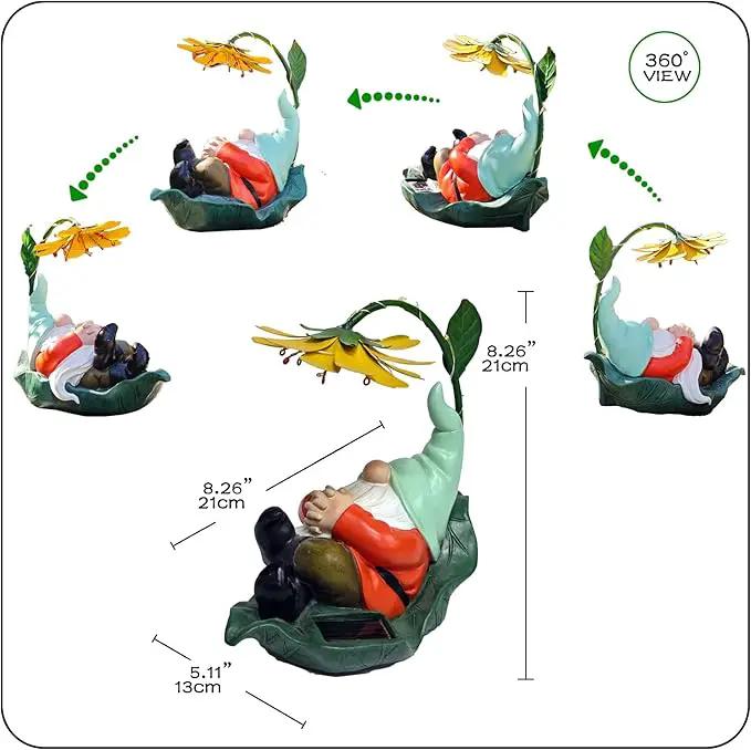 Solar Powered Gnome Garden Statue - Resin Gnome on Green Leaf with Large Yellow Stamen Sunshade, LED Lights Decorations, for Women Men, Outdoor Decor Ornaments for Outside by GreenHaven Gardens