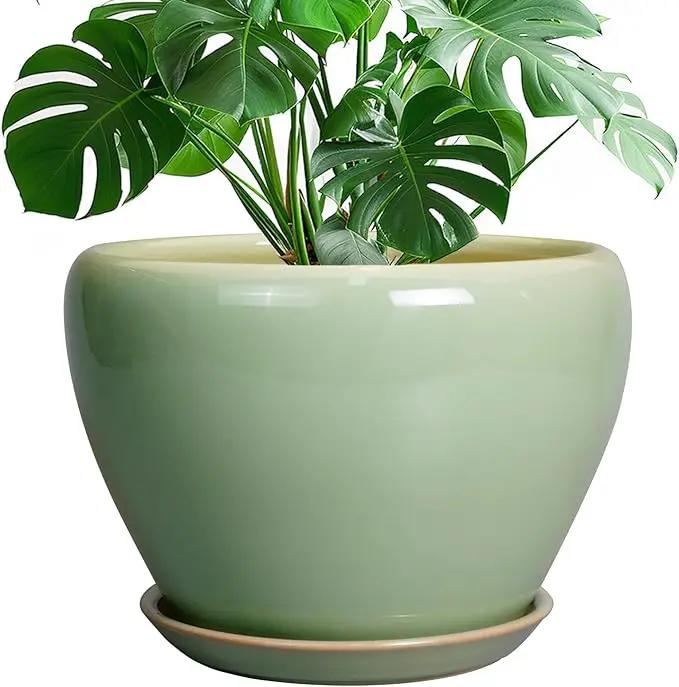 Ceramic Planter Pot - 10 Inch Plant Pot for Indoor Plants Decorative Planter with Drainage Hole and Saucer Large Pot for Plants Outdoor Round Flower Pot for Garden Green by GreenHaven Gardens