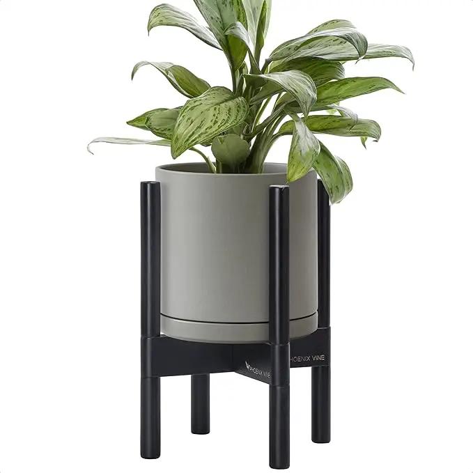 D'vine Dev Ceramic Planter with Ebony Stand - 8 Inch Modern Round Flower Pot with Wood Planter Holder, Grey, 55-B-M-3 by GreenHaven Gardens