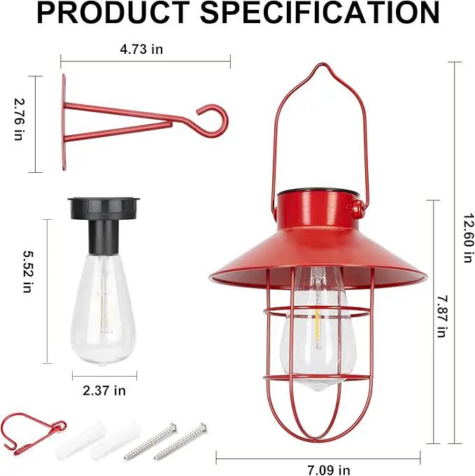 pearlstar Solar Lanterns Outdoor Christmas Metal Solar Powered Hanging Lights Waterproof for Wall Barn Yard Garden Patio Garage Balcony Porch Fence Decor, Warm White Edison Bulb (Red-2pack) by GreenHaven Gardens