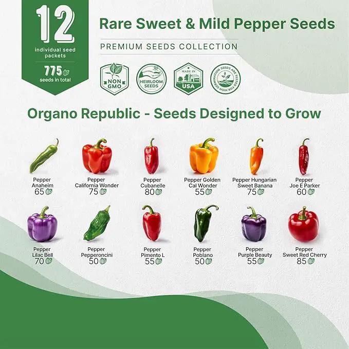 Organo Republic 12 Rare Sweet & Mild Pepper Seeds Variety Pack - 770+ Non-GMO Heirloom Pepper Seeds for Outdoor and Indoor Home Gardening, Including Pepper Anaheim, Pepperonchini, Pimento, Lilac Bell by GreenHaven Gardens