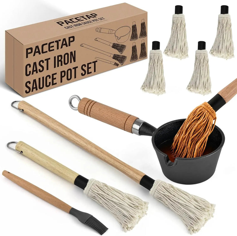 BBQ Mop Brush and Cast Iron Sauce Pot Set, 8Pcs Barbecue Accessories Include Basting Melting Pot, 2 Size Wooden Handle Sauce Mops with 4Pcs Replacements and Oil Brush for Meat Smoker, Grill, Stove by GreenHaven Gardens