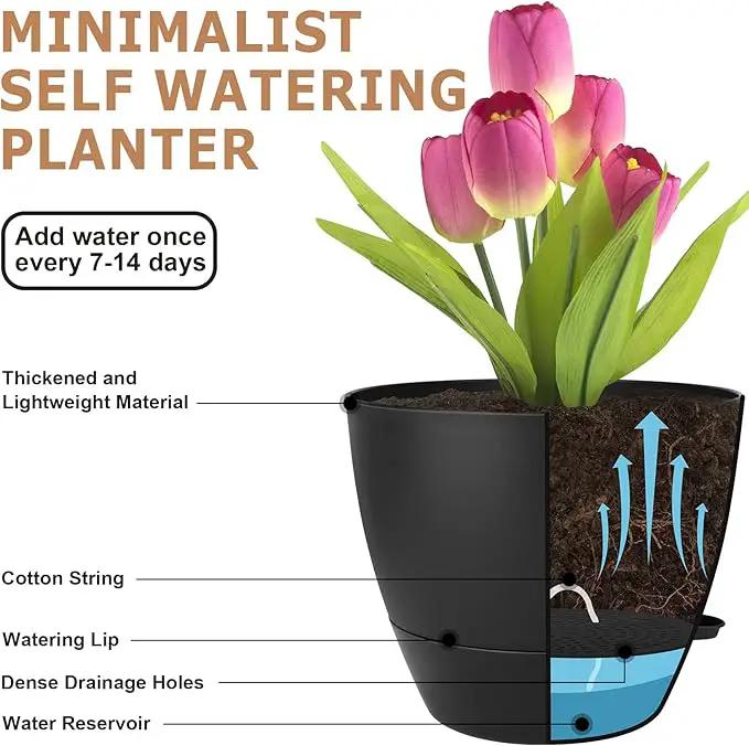 Plant Pots 12/10/9 Inch Self Watering Pots, Set of 3 Plastic Planters with Drainage Holes and Saucers,Plastic Flower Pots,Nursery Planting Pot for Indoor Out Door Plants(Pure Black) by GreenHaven Gardens