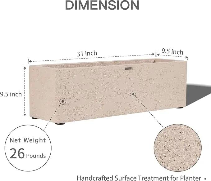 31 Inch Rectangular Concrete Planter,Durable All-Weather Use with Drainage Holes,Large Rectangular Planter for Outdoor Indoor Plants by GreenHaven Gardens