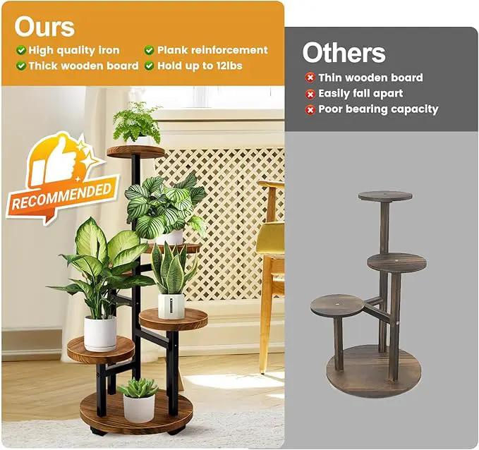 GEEBOBO 5 Tier Plant Stand With 4 Wheels, Metal Wood Tall Plant Stands For Indoor Plants Multiple, Corner Tiered Flower Plants Shelf Stand for Living Room Bedroom, Brown by GreenHaven Gardens