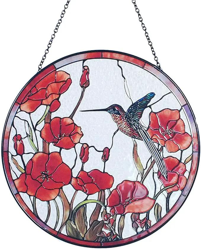 7.8'' Hummingbird Suncatcher Stained Glass Suncatchers - Originally Designed Hummingbird Red Poppies Ornament for Sun Catcher Indoor Window | Gifts for Hummingbird Lovers Painted Glass Panel Decor by GreenHaven Gardens