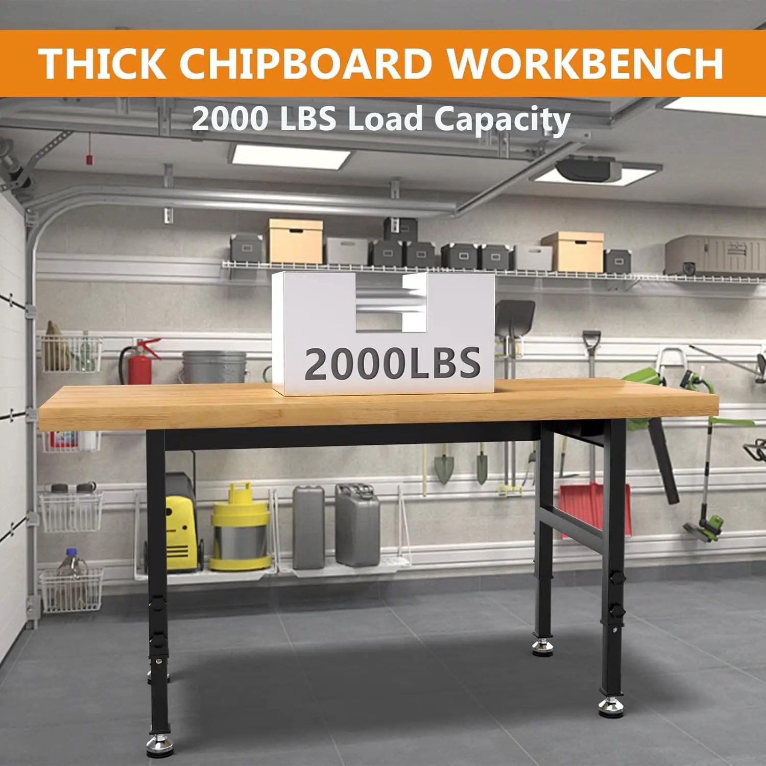 60" Work Bench, Adjustable Height Workbench with Rubber Pad, Heavy-Duty Work Table with Power Outlets, 2000 LBS Capacity Workstation for Garage, Workshop, Office, Home by GreenHaven Gardens